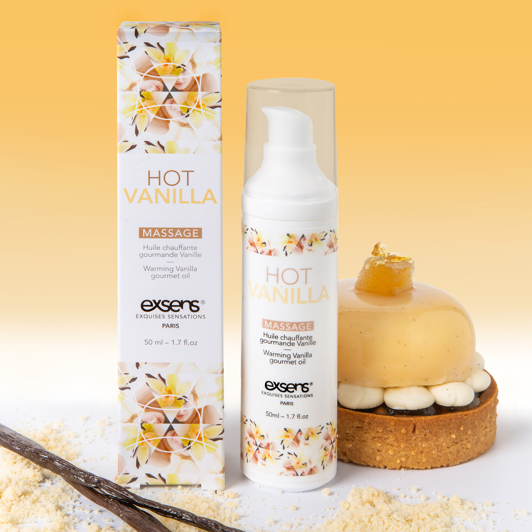 Exens vanilli soojendav massaažiõli illustratiivne